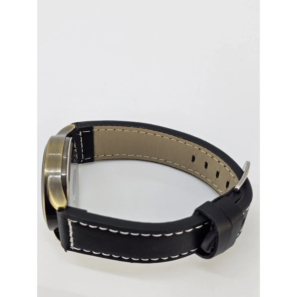 Men Analog Watch 38MM Bronze Dial New Faux Black Leather Bands New Battery READ